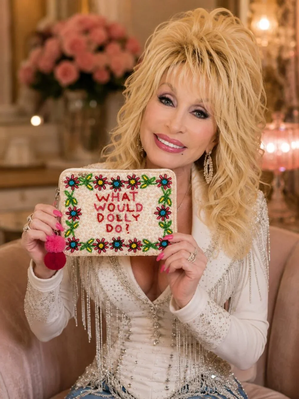 NEW DOLLY PARTON Seed Beaded Larger Style Pom-Pom Zipper Makeup Money Pouch